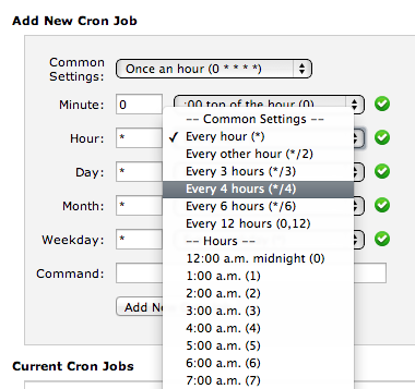 cPanel Cron Jobs common settings